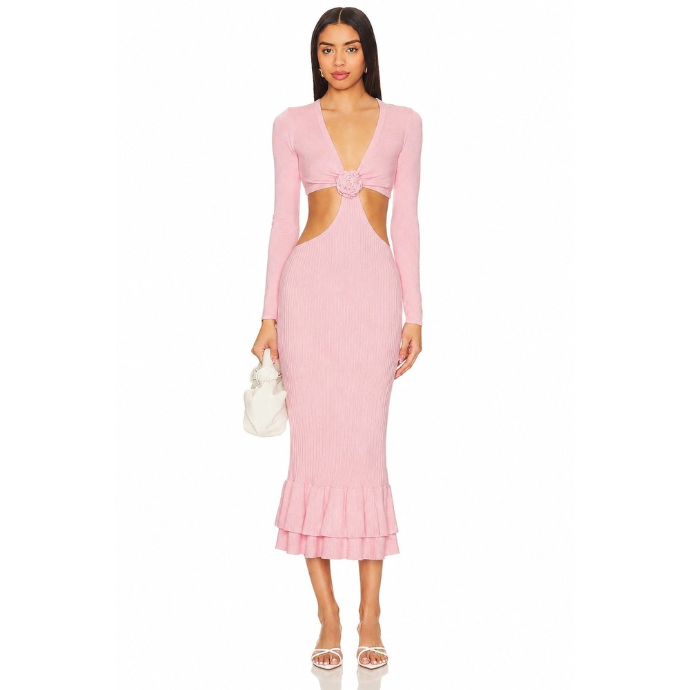 Lovers and Friends Wrenna Rosette Midi Dress Pink Ribbed Knit Cutout Ruffle M